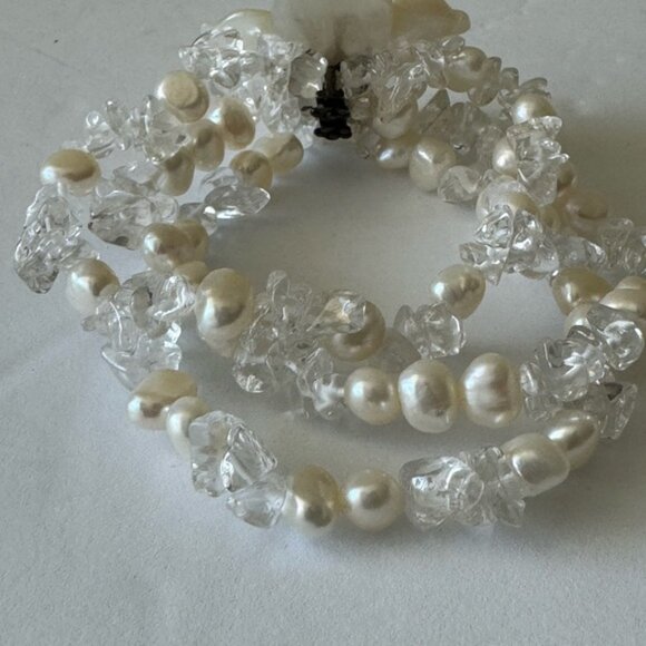 Flower Gen Mother Of Pearl Quartz White Sterling Triple Strand Vintage Bracelet - Picture 3 of 9